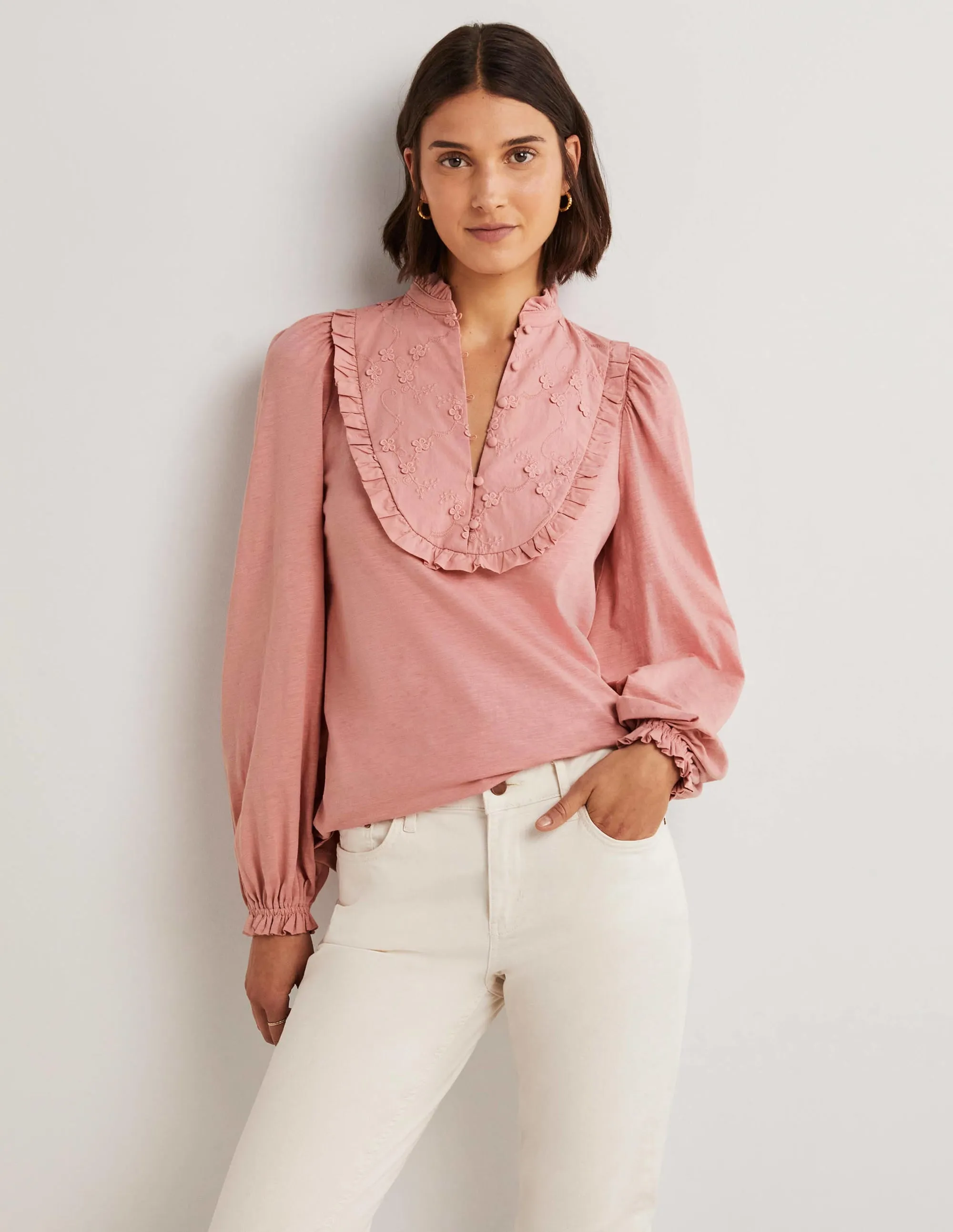 Embroidered Woven Mix Top-Almond Pink