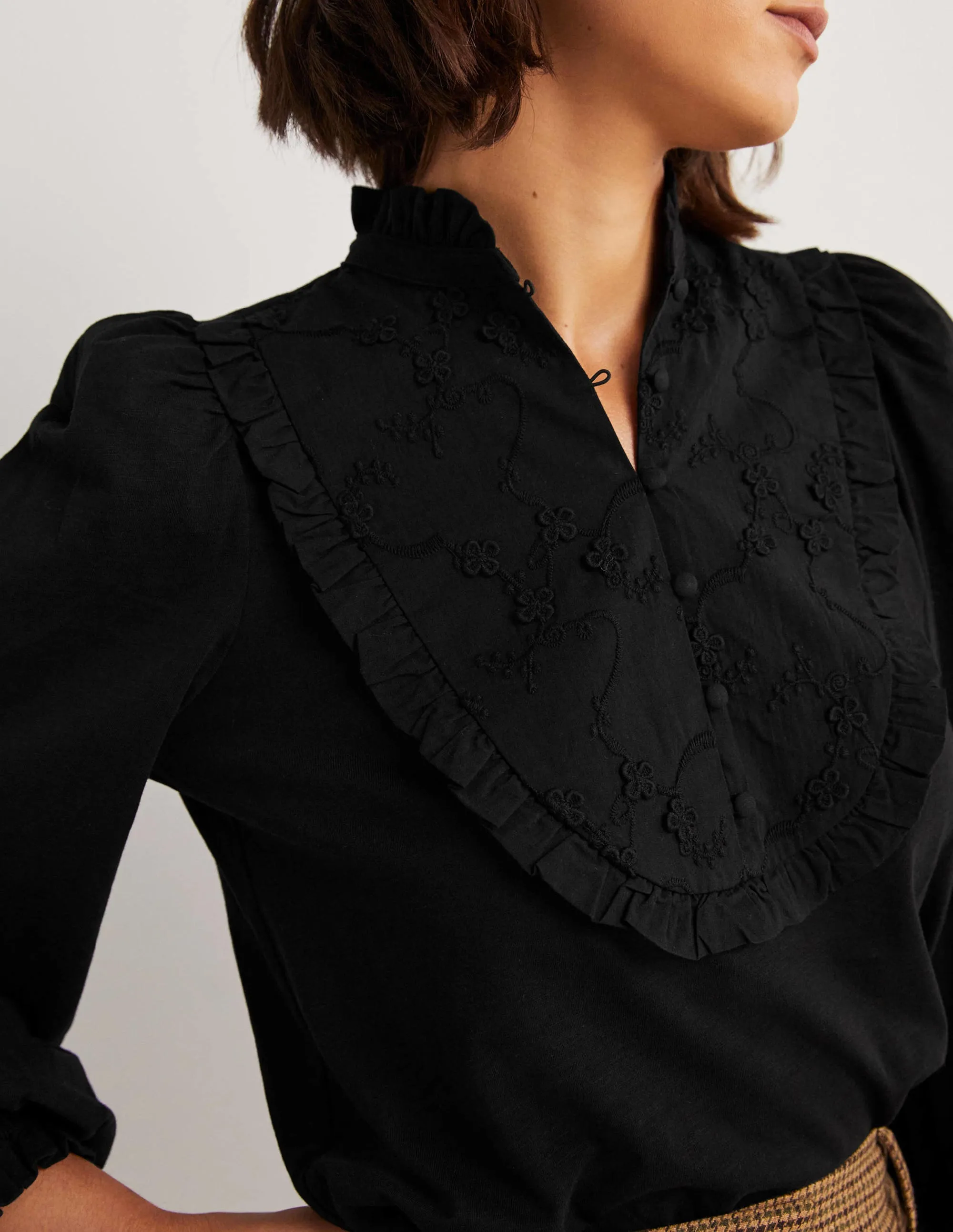 Embroidered Woven Mix Top-Black