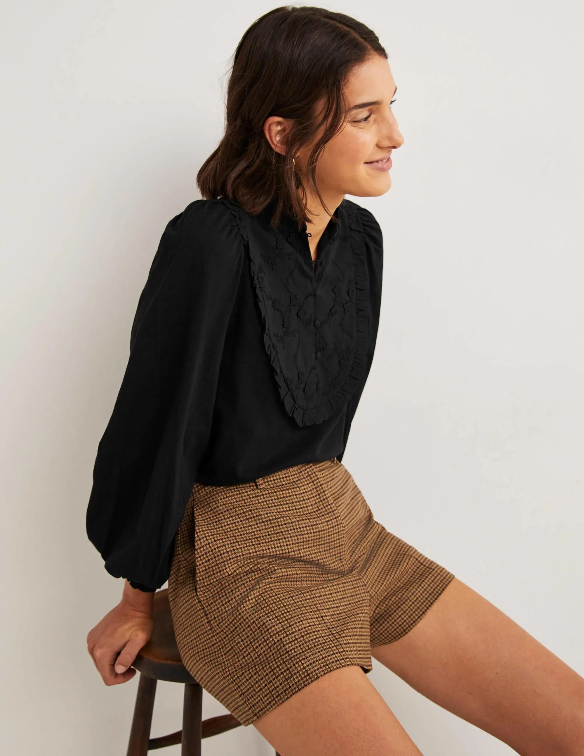 Embroidered Woven Mix Top-Black