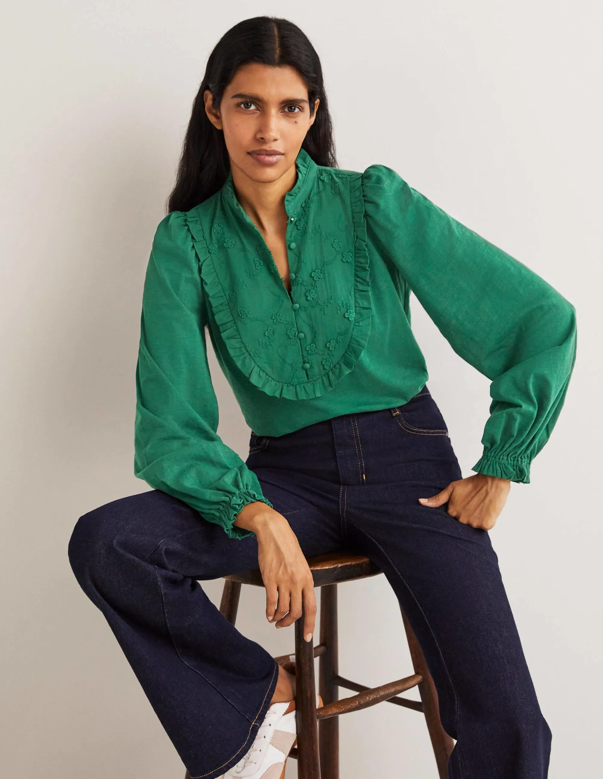 Embroidered Woven Mix Top-Hunter Green
