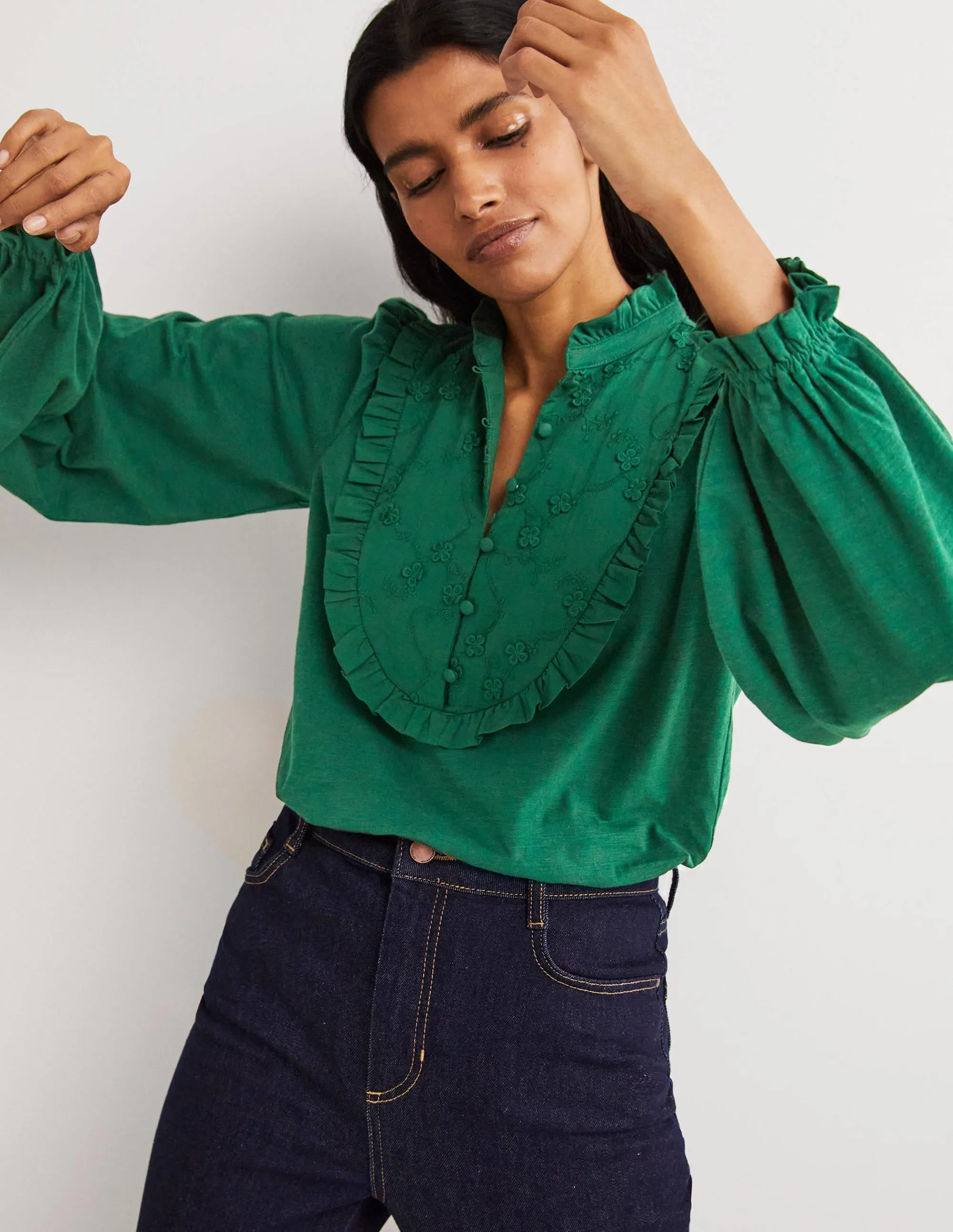 Embroidered Woven Mix Top-Hunter Green