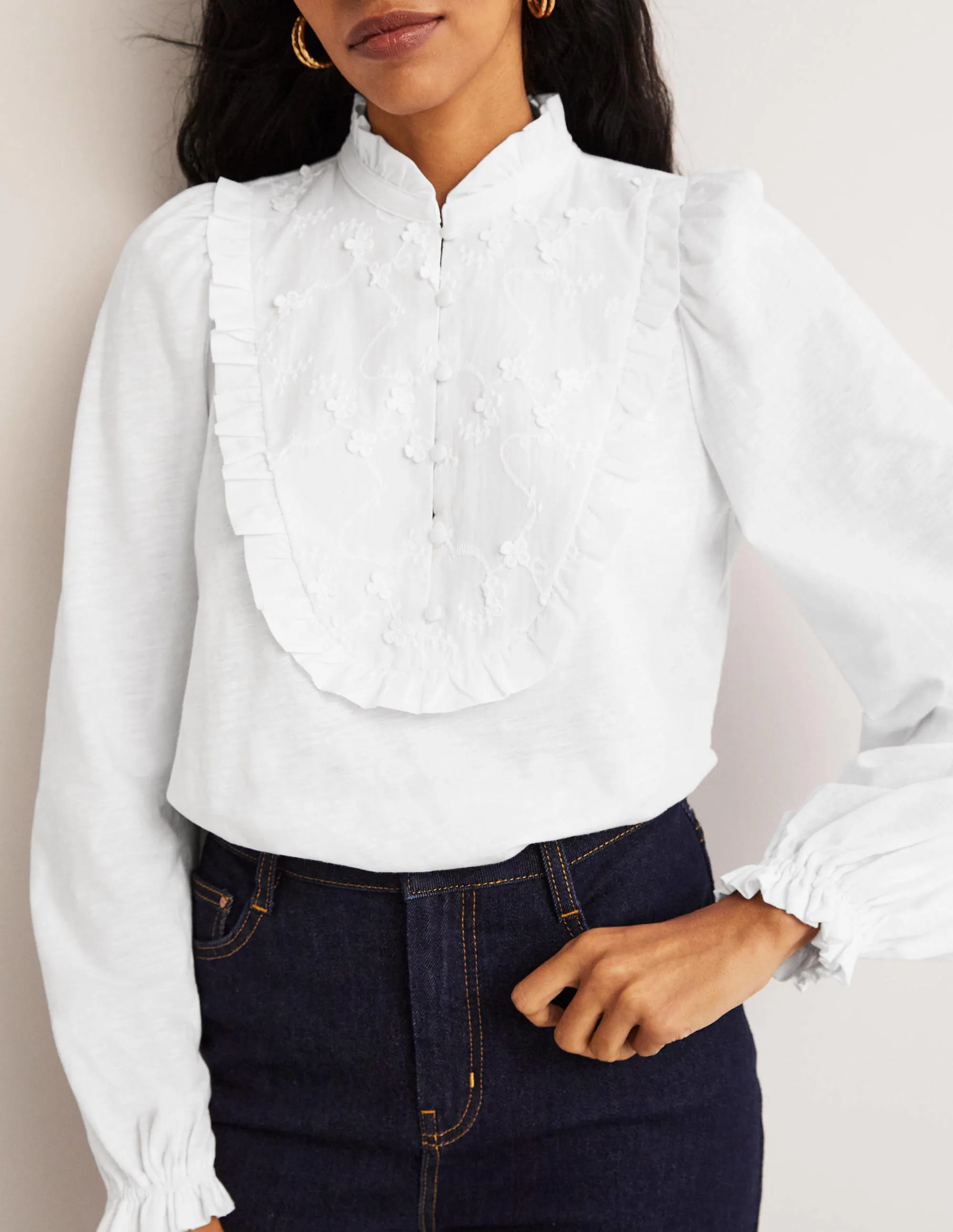 Embroidered Woven Mix Top-White