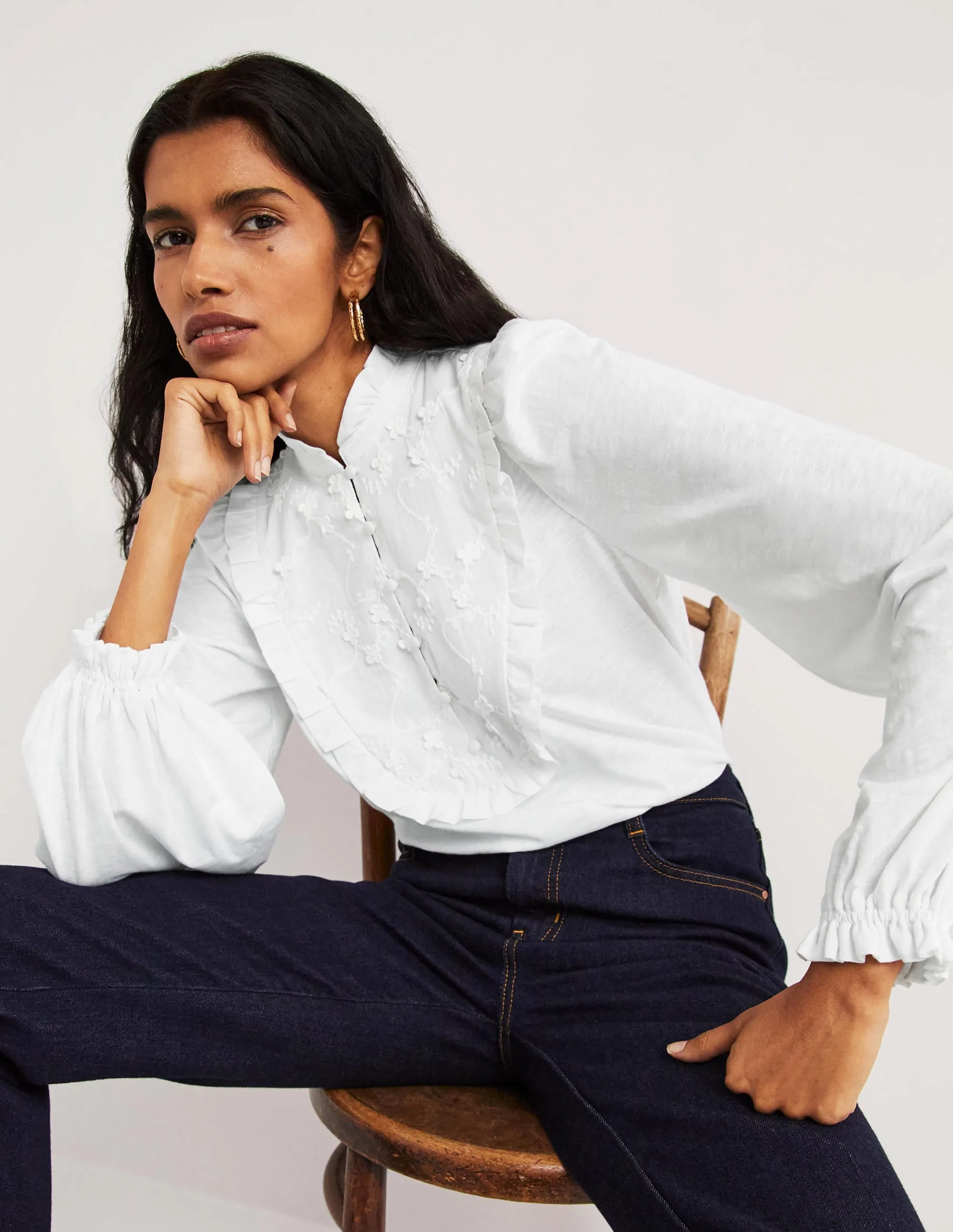 Embroidered Woven Mix Top-White