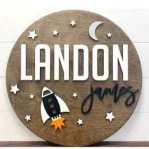 Sugar   Maple Round Personalized Name Sign | Space Ship